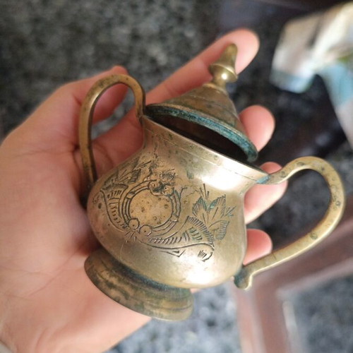 Brass tea set used, antique vintage decorative with embossed designs
