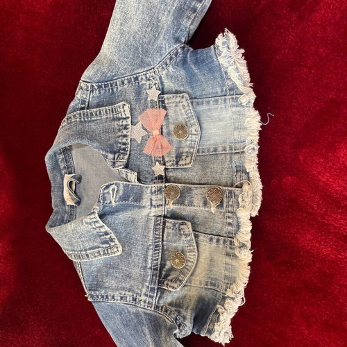 Baby clothing set for girl 18-24 months, checked skirt, pink top and denim bolero with fringes like new