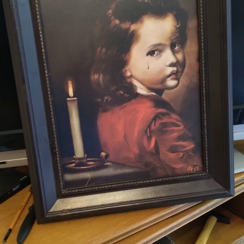 Painting "The Crying Boy" like new, print with glass and wooden frame 50x40