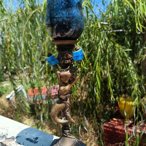 Vintage Greek Handmade Bronze Candlestick "Mermaid" with Blown Glass