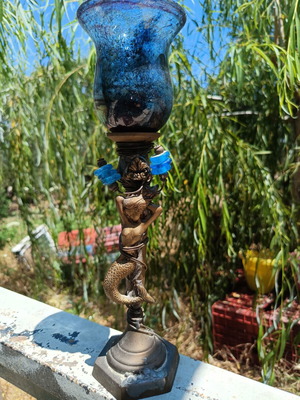 Vintage Greek Handmade Bronze Candlestick "Mermaid" with Blown Glass