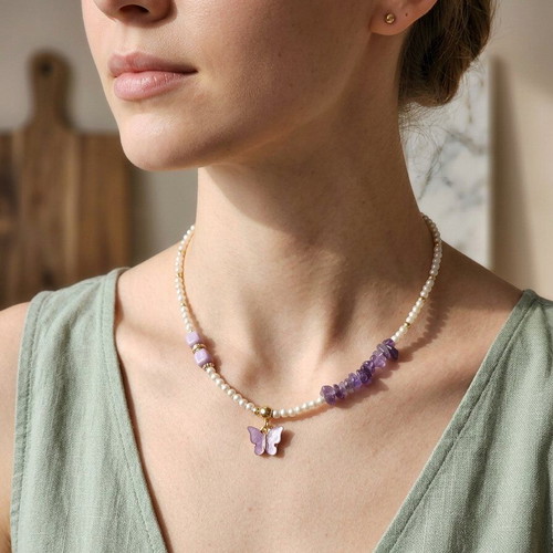 Handmade necklace with pearls, amethyst and purple butterfly like new