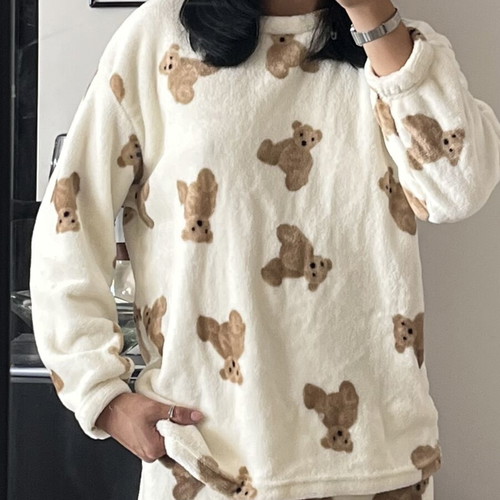 Teddy bear pajama loungewear set, size M, white and brown