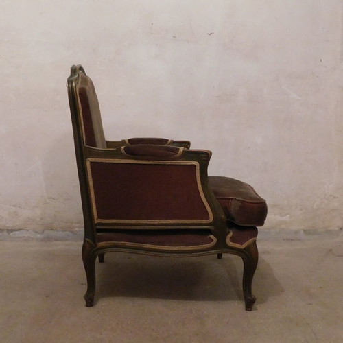 Wooden armchair vintage used with velvet upholstery