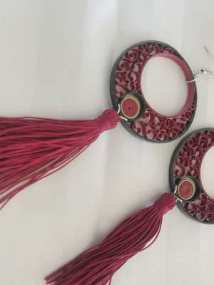 Μακριά σκουλαρίκια boho με φούντα μπορντό χειροποίητα, καινούργια