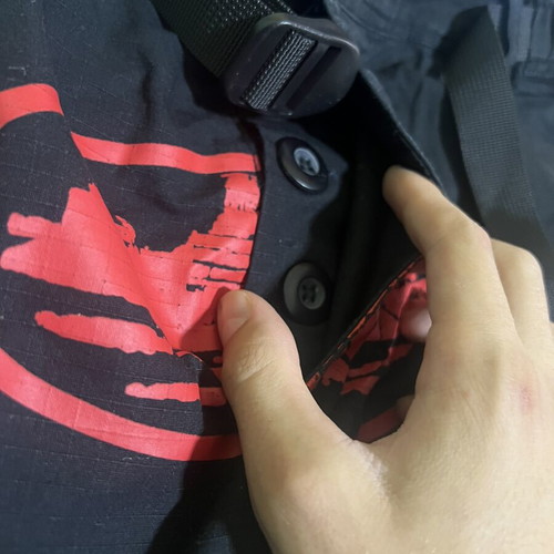 Corteiz cargo pants, black with red logo, medium-large