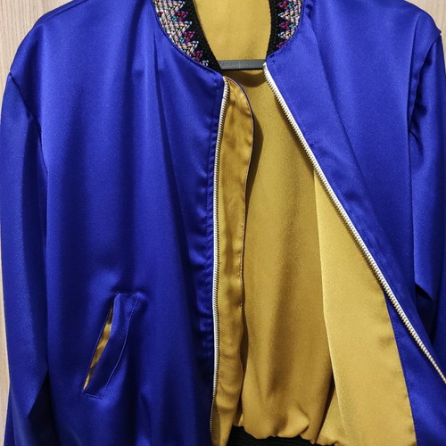 Handmade Bomber Jacket new, blue-purple with embroidered knit trims