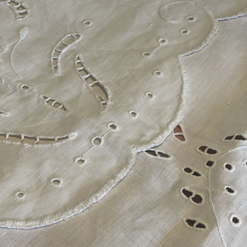 Two handmade linen window curtains with cutwork embroidery and openwork