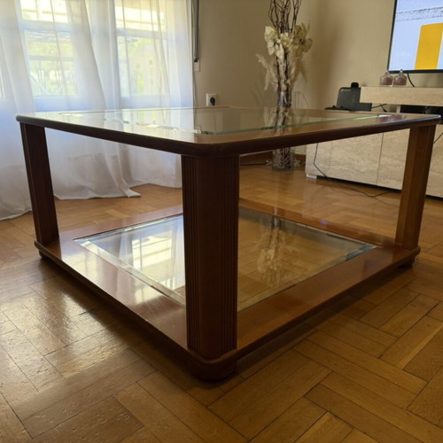 Coffee table set used, wooden with glass surfaces