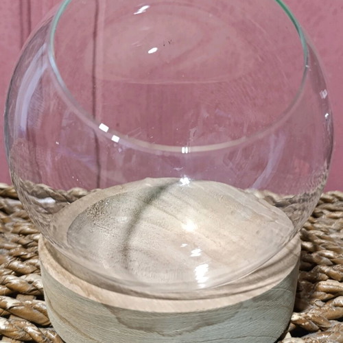 Glass Sphere with Wooden Base used, minimal natural elegance