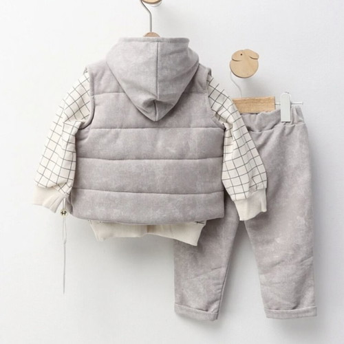 Cotton boy's set new 3-piece with hoodie blouse, pants and quilted vest