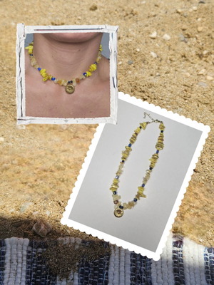 Memories handmade necklace with blue and yellow chips and stones