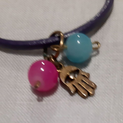 Hamsa bracelet new, purple genuine leather with charms