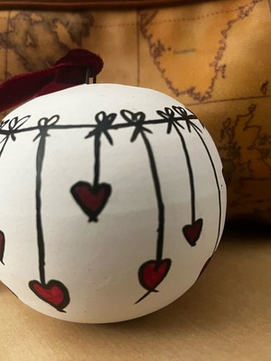 Christmas ball handmade, new, gypsum with bordeaux velvet ribbon