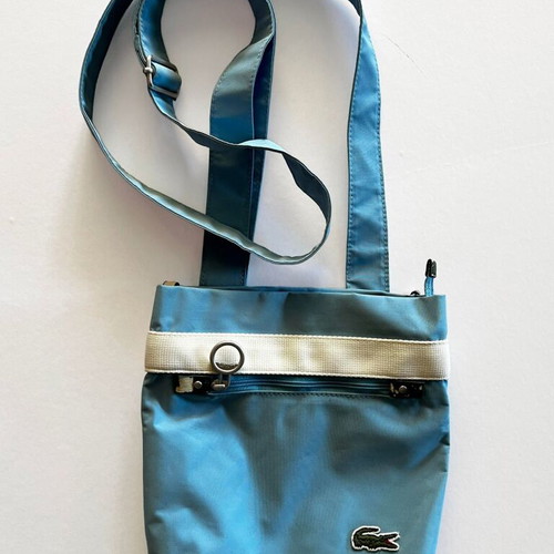 Lacoste shoulder bag vintage used, white and turquoise, waterproof fabric