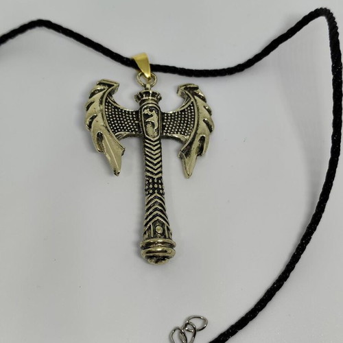 Pendant Double Axe like new, gold-colored steel with black cord