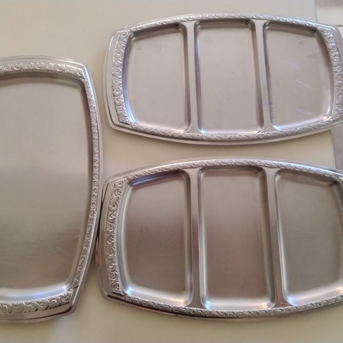 Metal serving platters used, set of three with compartments, 38x22cm
