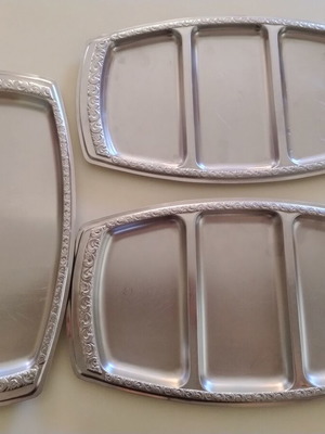 Metal serving platters used, set of three with compartments, 38x22cm