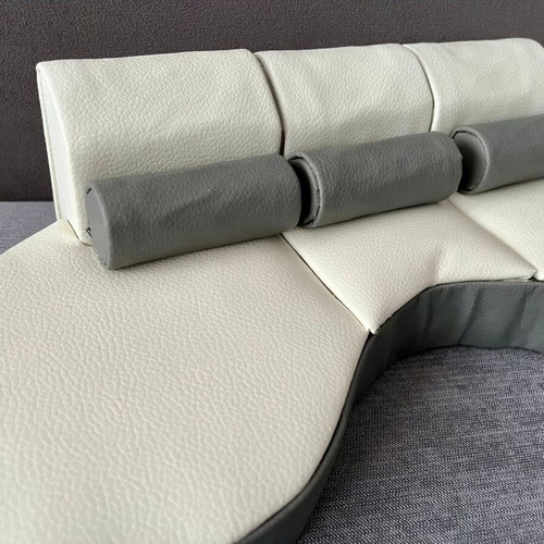 Designer white leather sofa with gray accent and cushions for Barbie