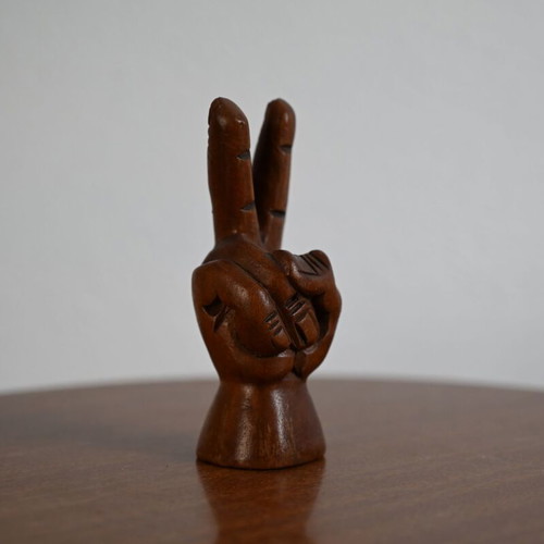 Handmade wooden sculpture hand V sign used, 6 cm