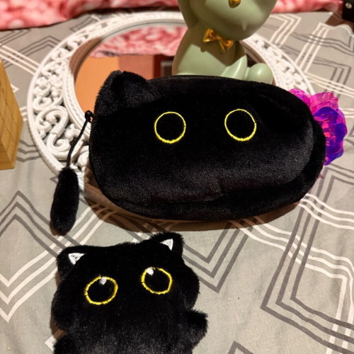 Black Cat pouch cosmetic case like new with plush gift