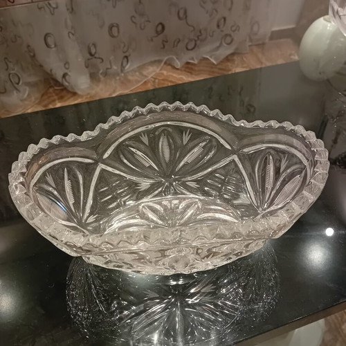 Crystal centerpiece bowl vintage with carved designs and scalloped edge