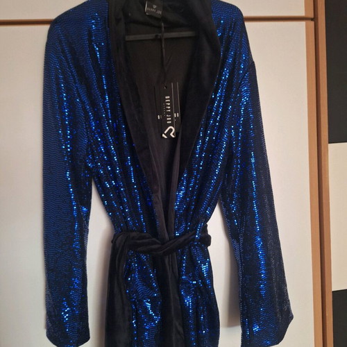 Glamorous jacket blue with sequins, velvet collar and belt Deppy Joo new