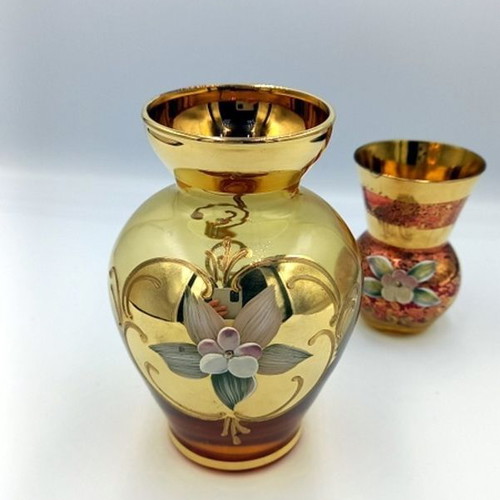 Set of 2 vintage hand-painted Bohemian Czech glass jars like new