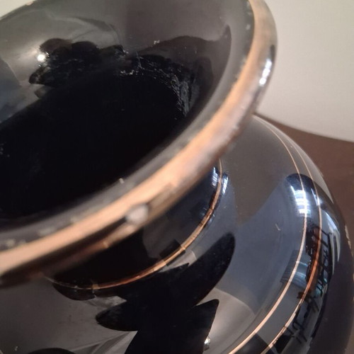 Ceramic set used, Greek made, black with 24k gold, 2 ashtrays and 2 vases