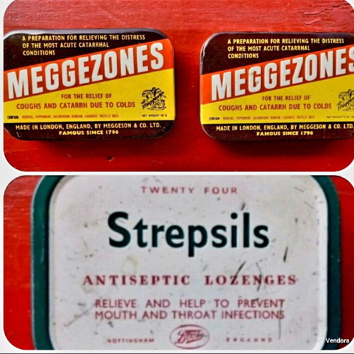Meggezones and Strepsils vintage boxes used, set of 3