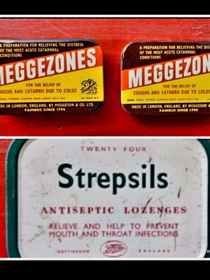 Meggezones and Strepsils vintage boxes used, set of 3
