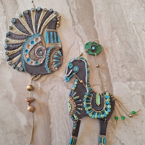 Decorative set of 2 peacock and horse boho ornaments new