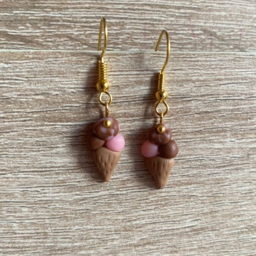 Handmade earrings clay ice cream chocolate-strawberry flavor