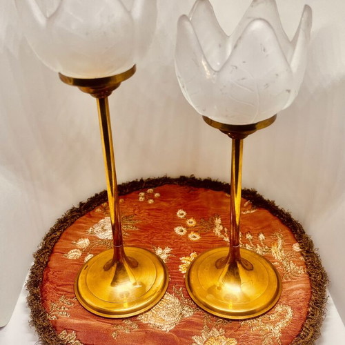 Vintage brass and frosted glass tealight candle holders set of 2 used