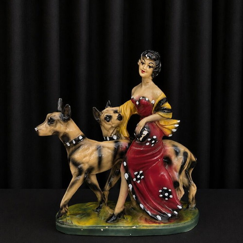 Vintage porcelain statue woman with dogs used decorative