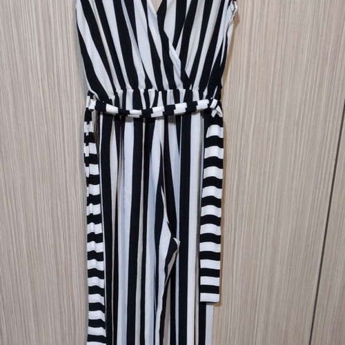 Striped polyester one-piece used, medium size with waist tie