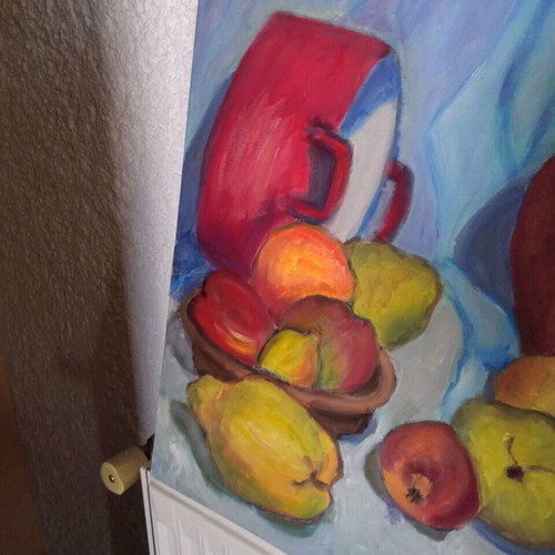 Oil painting authentic on canvas used, jug and fruits