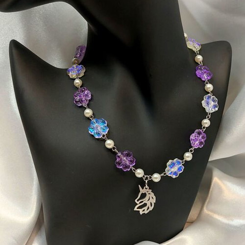 Handmade unicorn necklace new with glass flowers and imitation pearls