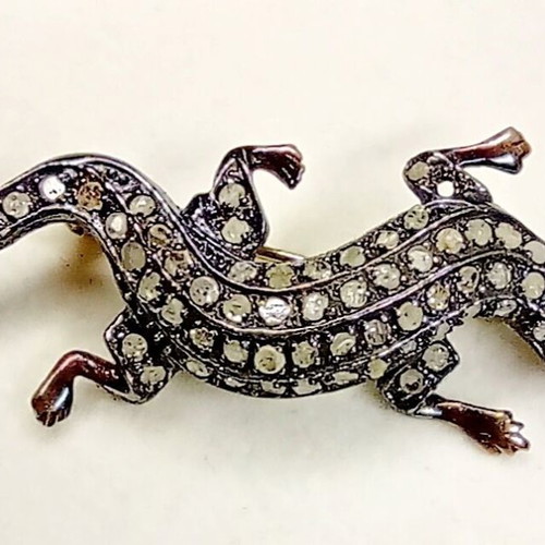 Vintage lizard brooch silver 925 and 14K gold with diamonds and rubies like new