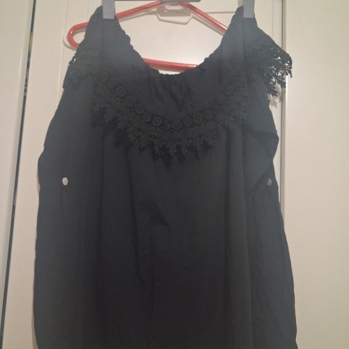 Black romantic cotton blouse with lace, one size M/L