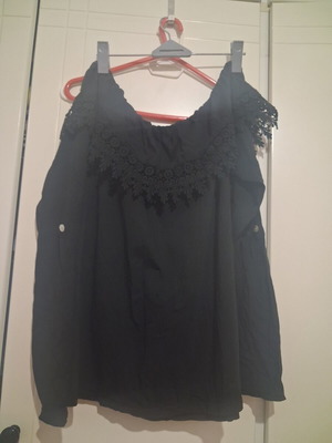 Black romantic cotton blouse with lace, one size M/L