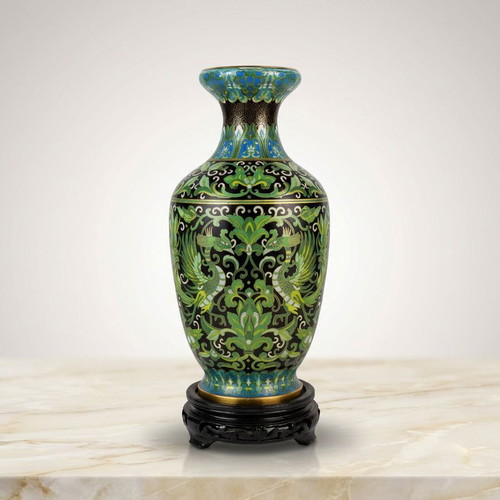 Pair of Cloisonné Vases new, Chinese enamel on black wooden base