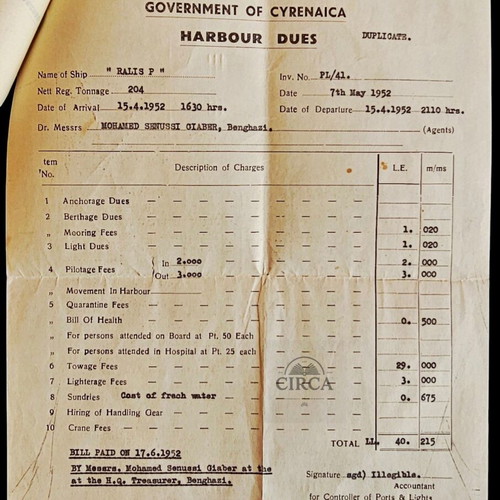 Original 1952 maritime archive documents ship RALLIS P. Benghazi