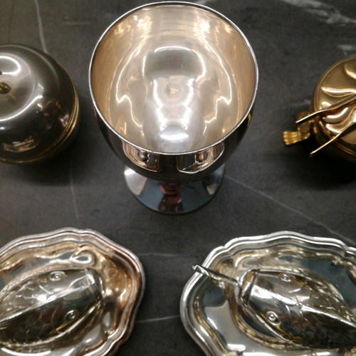 Serving set used, 14 pieces, silver-plated and gilded