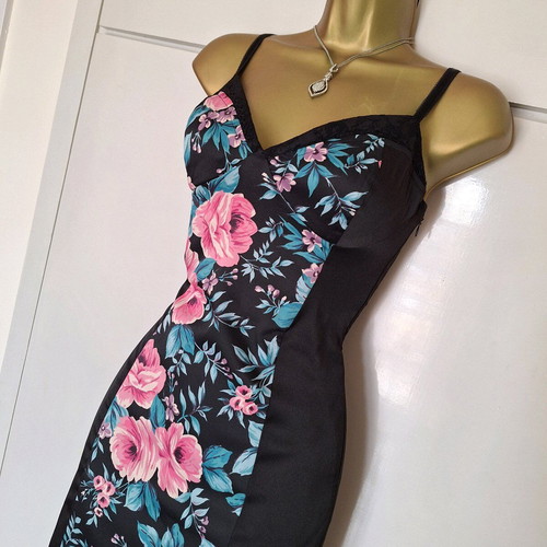 Floral dress black new, size 36/38, satin with lace trim