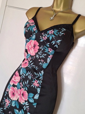 Floral dress black new, size 36/38, satin with lace trim