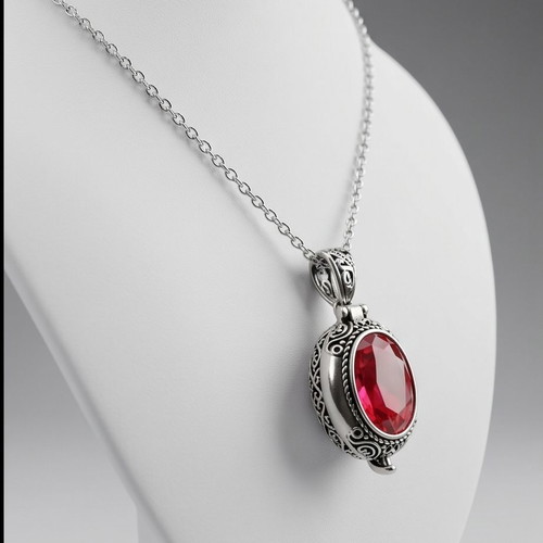 Gothic Locket Box Pendant with Red Crystal and Carved Branches, New