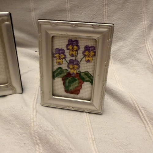 Cross stitch pictures used, set of 2 with frame, floral design