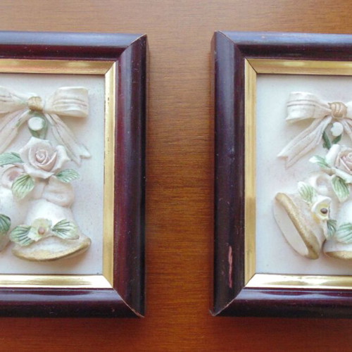 Pair of small frames used with handmade embossed porcelain bells and flowers