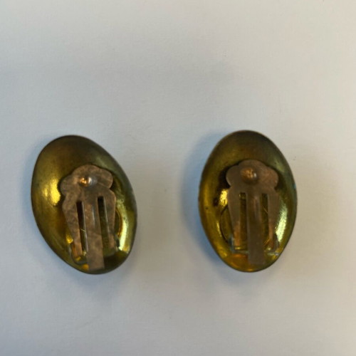 Vintage 70s metal earrings with clips, oval blue, used